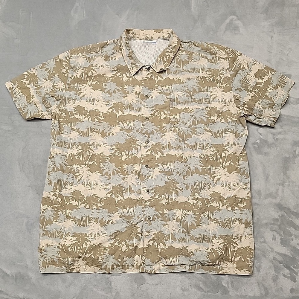 Columbia PFG Shirt Mens XXL Beige Tamiami Palm Tree Print Short Sleeve Fishing